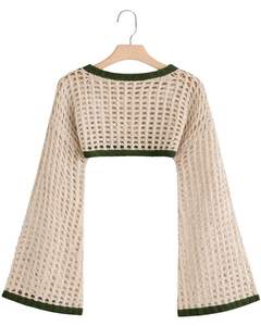Custom Green <b>Crochet</b> Knit Crop Sweater Women Hollow Mesh Long Flare <b>Sleeve</b> Boho Style Lightweight Knitted <b>Top</b> For Fashion Wear - Product Image 2