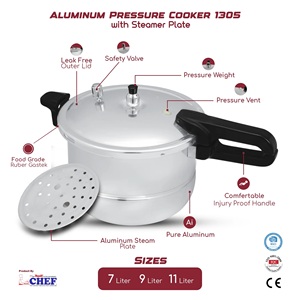 Chef 1305 Aluminum Pressure Cooker <b>Steamer</b> 9 Liter Capacity Long Tail Handle Gas Stove Compatible Home Use Restaurant Purpose - Product Image 4