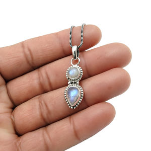 ชุดฝาสีเงินพลอยมูนสโตนสีรุ้งธรรมชาติจี้ห้อยคอสร้อยคอของแท้เครื่องประดับฮิปฮอป - Product Image 4