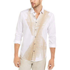 Camicia Casual da Uomo Alfani, Vestibilità Classica, Stampa Astratta a Righe, 100% Cotone Popeline Traspirante, Bianca, Taglia XL - Product Image 1