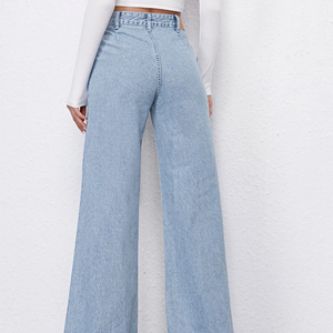 Jean en denim taille haute pour femme, coupe ample, jambe large, longueur intégrale, délavage moyen, couleur unie, style décontracté, 100 % coton, idéal pour l'automne - Product Image 6