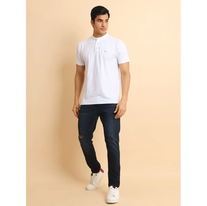 T-shirt à manches courtes 100% coton à la mode pour hommes, col mandarin, tenue décontractée confortable pour les tenues de tous les jours et le bureau - Product Image 1