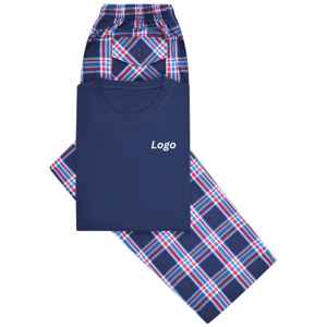 Navy Plain T-Shirt <b>Pajama</b> <b>Set</b> 100% Cotton Woven Lounge <b>Set</b> Soft & Full Sleeve Sleepwear with Crew Neck Tee & Drawstring Pants - Product Image 1