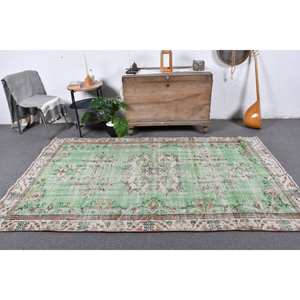 Tapis turc vintage classique vert beige 5x8 pieds fait à la main en laine et latex motif patchwork écologique à poils moyens - Product Image 1