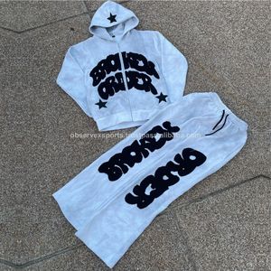 Parches bordados, chándal con cremallera, chándal de lavado ácido de algodón, pantalones de chándal acampanados de carga y conjuntos de Sudadera con capucha - Product Image 5