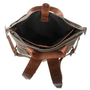 Unisex Grey Canvas Backpack Bohemian Geometric Design Soft Cowhide Leather Accents Zipper Closure Dedicated <b>Laptop</b> Compartment - Product Image 6