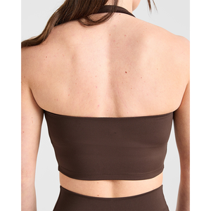 New Custom Logo <b>Brown</b> <b>Women's</b> Halternack Crop <b>Top</b> Stretchy And Buttery Soft Lightweight Fitness Workout Crop <b>Top</b> Tees for <b>Women</b> - Product Image 5
