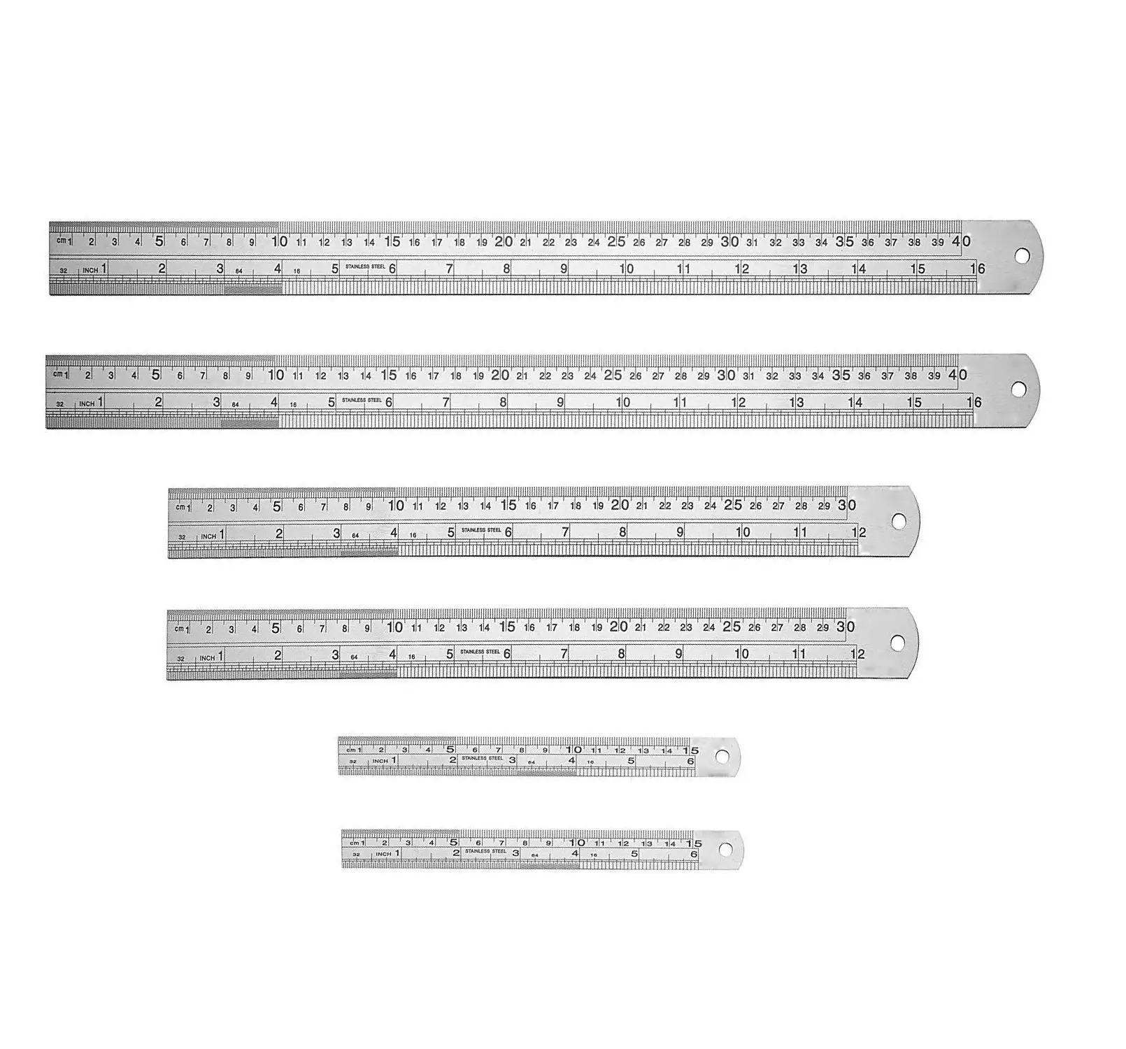 Stahl Lineale aus Stahl mit einer doppelten Skala mit einer Kante geteilt in Zoll und Zehntel und die andere in cm und mm