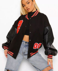 Chaqueta universitaria corta transpirable de talla grande para mujer, chaquetas de béisbol con letras y manga de cuero bordada con logotipo personalizado para mujer - Product Image 3