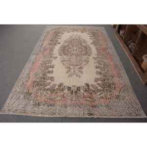 พรมตุรกีวินเทจคลาสสิกสีเบจสีชมพู5.5 x ขนแกะเป็นมิตรกับสิ่งแวดล้อมกองขนาดกลางทอลายปริศนาสี่เหลี่ยมผืนผ้าห้องรับประทานอาหาร - Product Image 1