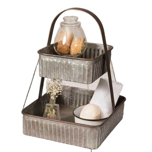 Plateau galvanisé rustique à 2 niveaux, poignée métallique Vintage de ferme, plateau de service de rangement en fer - Product Image 1
