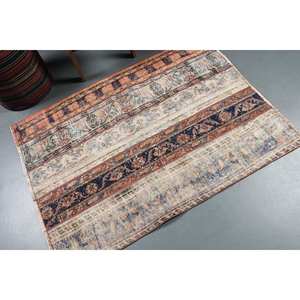 Alfombra turca a rayas de lana Beige de 3,5x4,7 pies de área grande Vintage, diseño de retales con patrón rectangular clásico para habitación de adolescentes, látex - Product Image 2