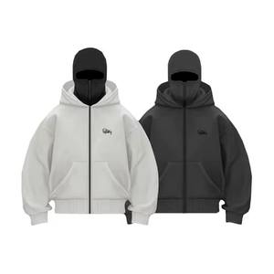 Custom Designed Heavyweight Streetwear Double Layer Ninja French Terry Full Zip <b>Balaclava</b> Hoodie Knitted Embroidery Printing - Product Image 5