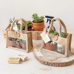 Medio 5 uds bolsa de vino de yute Pantalla de PVC Cierre de botón de madera 18 + 10xH13 cm mango de patrón de pantalla de estilo comprador para publicidad - Product Image 3