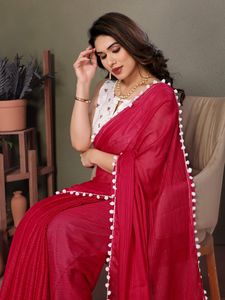 Summer Collection Perfect <b>Satin</b> Saree with Embroidery Work <b>Blouse</b> and Pum Pum Lace Plain Design for Adults - Product Image 2