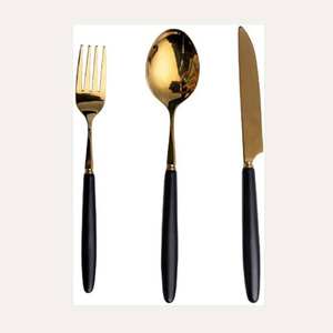 Modern American Style 3 Pcs Stainless Steel <b>Cutlery</b> Set in <b>Gold</b> Plated with <b>Black</b> Handles for a Luxury Wedding Gift - Product Image 1
