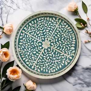 Elegante y moderno diseño floral, bandeja redonda con incrustaciones de hueso para servir, intrincada bandeja para bodas y Diwali a precio mayorista - Product Image 4