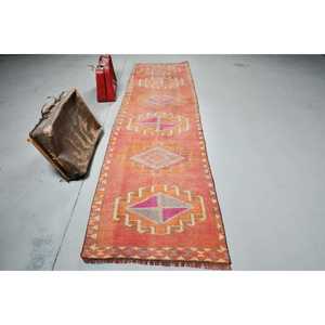 Alfombra Turca Herki Vintage de 2.9x11.6 pies (88x354 cm), Alfombra de Lana Marroquí Naranja - Product Image 1