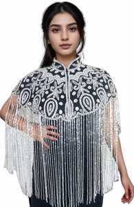 Tenue élégante burlesque, perles à paillettes pour soirées club festives-belle cape droite attache le cou broderie - Product Image 5