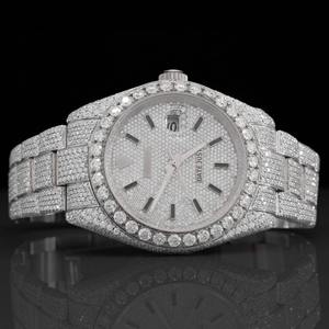 Montre de luxe en acier inoxydable avec diamants de laboratoire sertis, mouvement automatique suisse, fonction date, style Bust Down, Direct S - Product Image 1