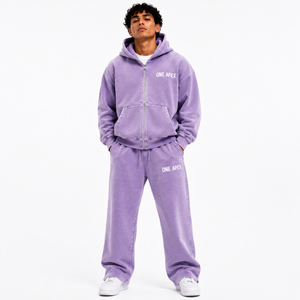 Custom Men Lavender Oversized <b>Full</b> <b>Zip</b> <b>Hoodie</b> Tracksuit 100% Cotton Heavyweight Open Bottom Sweat Suit OEM ODM Streetwear - Product Image 1