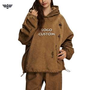 Sudadera con capucha desgastada a mano para mujer, superventas de 2025, diseño de punto de estilo callejero, Color personalizado, temporada de invierno, algodón - Product Image 1