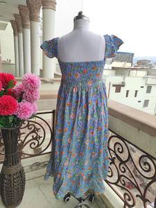 Robe maxi smockée bohème imprimée à la main en coton premium, robe longue d'été pour femmes, style smocké, robe bohème - Product Image 4