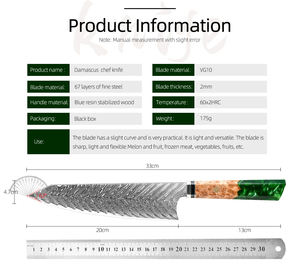 Couteau de chef de cuisine en acier damas à manche en résine de couleur verte professionnelle OEM ODM personnalisé en gros usine de coutellerie - Product Image 2