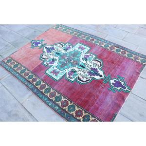 4.7x6.3 ft Rug, Turkish Vintage Rug, <b>Red</b> Blue Southwestern <b>Wool</b> Rug - Product Image 2
