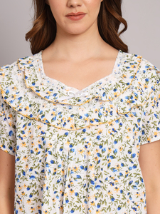 Camisón de Encaje 100% Algodón para Mujer, Mangas Medias, Largo Completo, Tela Transpirable, Cuello con Estampado Floral, Elegante, Primavera, Otoño, Verano - Product Image 6