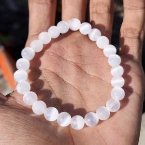Natural Stone 8mm Healing Crystal Selenite Stone Round Beads Elastic Bracelet - Product Image 1