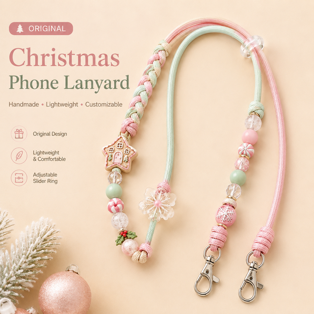 Pink & Mint Pastel Christmas Beaded Crossbody Phone Lanyard, Adjustable Slider Gingerbread House Charm Strap