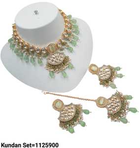 Indien Motipearl & Drop Élégant Traditionnel & À La Mode Ton Or Lourd Kundan Perle Collier Ras Du Cou Boucles D'oreilles Ensemble Avec Mangtika Ensemble - Product Image 2