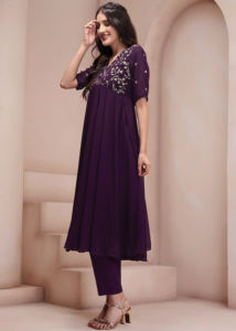 Ensemble Kurta Anarkali et pantalon en Georgette brodé pour femme Trendmalls (E55-Violet) - Coupe ample infroissable pour fêtes et mariages - Product Image 4