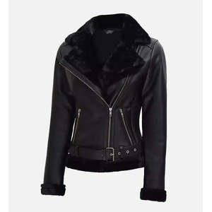 Chaqueta de moto de cuero acolchado negro para mujer con cuello de piel sintética - Product Image 2