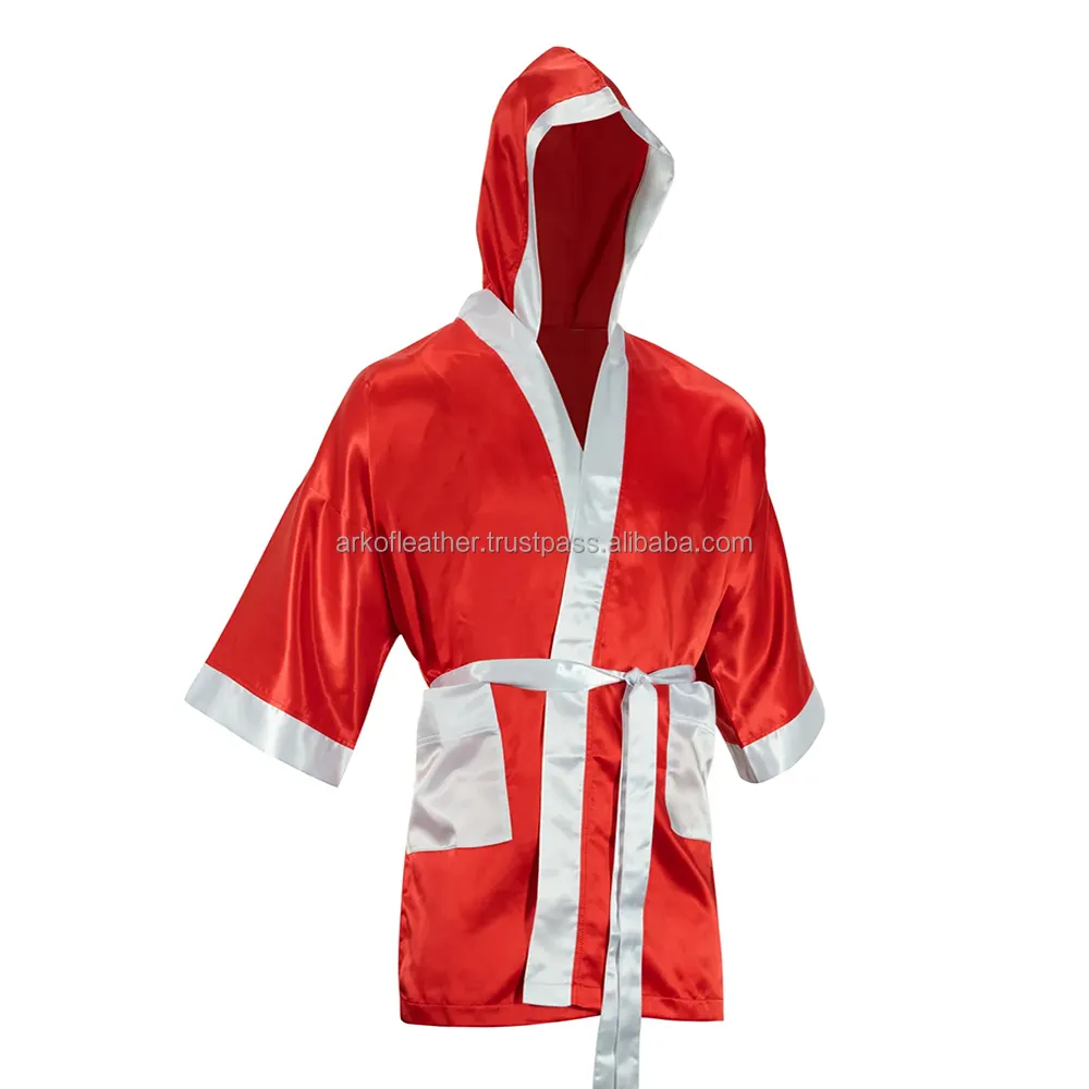 Vestido de boxe leve para homens, roupões de boxe liso com material de poliéster e logotipo personalizado de grandes dimensões, com cinto branco