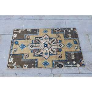 Vintage Turkish Rug, 2.1x3.3 ft Small Rug, <b>Brown</b> Blue Camouflage <b>Wool</b> Rug - Product Image 4
