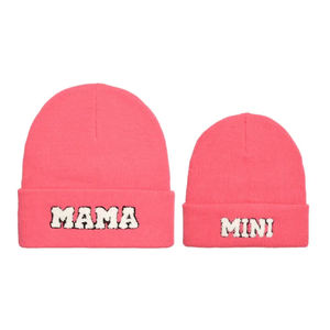 Parche de letras de lana de punto gorra de calavera al aire libre suave cálido Gorro con puños bebé Mini mamá gorro de invierno - Product Image 1