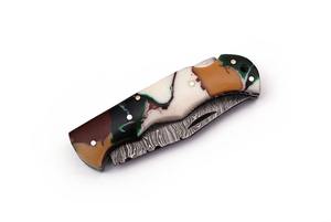 Couteau pliant en acier Damas personnalisé OEM, couteau pliant de camping en plein air, lame en acier Damas, avec étui en cuir - Product Image 4