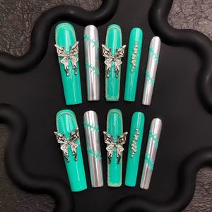 Uñas Postizas de Lujo, Diseño de Mariposa Verde, Acrílicas, con Pegamento Reutilizable para Aplicación en Dedos, 24 Piezas - Product Image 3