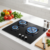 Table de cuisson à gaz encastrable 3 brûleurs 60 cm en verre trempé noir GPL avec commande par bouton minuterie pour cuisine (Afrique, Ghana)