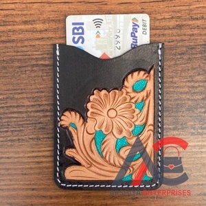 Nuevo diseño tallado a mano portatarjetas de cajero automático Color turquesa cuero de vaca occidental estuche deslizante para tarjeta de crédito para Unisex - Product Image 1