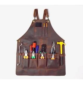 Leather Tool <b>Working</b> <b>Apron</b> 12-Pocket Unisex Electrician <b>Apron</b> with Canvas Fabric Short Sleeve for Restaurant & Bar Use - Product Image 1