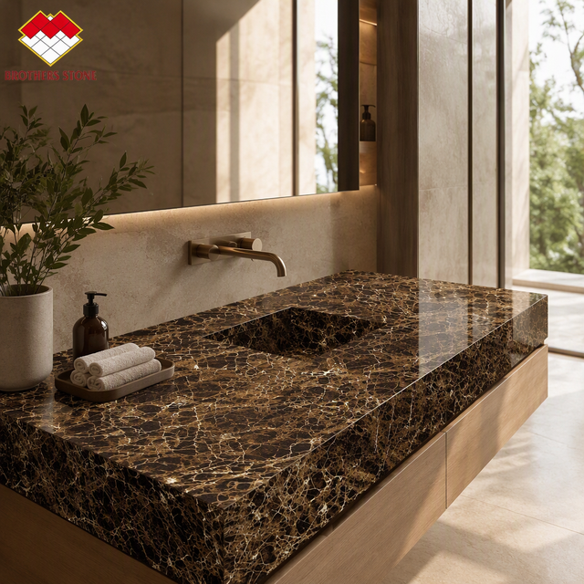 Imported Spanish Dark Emperador Marble Vanity Top Dining Table for Bathroom Kitchen Villa-Modern Design Eco-Friendly Good Price
