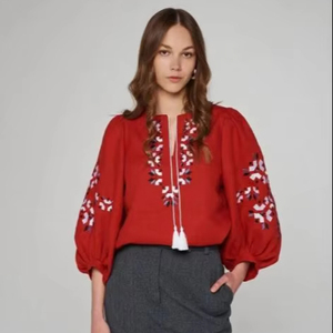 Women's Blouse New Arrival Autumn Ukrainian Embroidered Blouse For Adults V-neck <b>Balloon</b> Long Sleeve Party Wear Top Made - Product Image 1