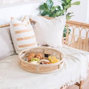 Bandeja decorativa de mimbre y madera de bambú, mesa de centro de diseño moderno, bandejas para servir comida - Product Image 5