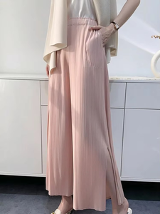 Pantalones casuales cómodos de diseño de moda versátil de verano, pantalones de pierna ancha plisados de Color sólido para mujer, cintura elástica - Product Image 4
