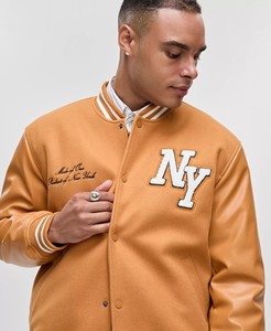 เสื้อแจ็กเก็ตเบสบอลสำหรับผู้ชายเสื้อแจ็กเก็ตหนังขนแกะปักลาย - Product Image 4