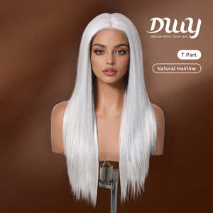 DWY Transparent Lace Front Glueless Synthetic <b>Long</b>-Length Straight <b>Wig</b> White Color Middle Part - Product Image 3