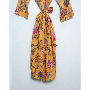 beautiful yellow Hand Block Printed Summer Bohemian Kimono Robe Loungewear 100% Cotton Soft Trending Home Wear Christmas <b>Gift</b> - Product Image 5